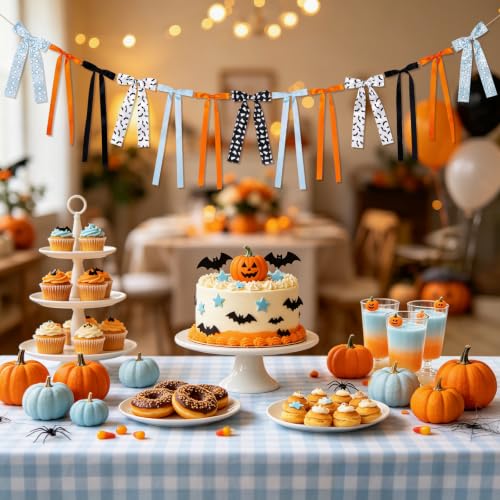 Halloween Bow Garland Banner - Orange Blue Ghost Bat Decor, 13 Bows, 6.88 ft