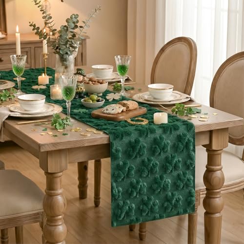 Green Plush Faux Fur Lucky Clover Table Runner - 13x36 Inch Seasonal Decor