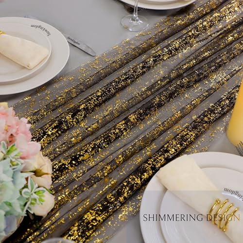 Black Gold Gauze Table Runner Set - 3 Pcs 10 Ft Sparkle Sheer Glitter Mesh