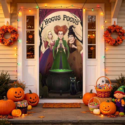 Halloween Door Cover Hocus Pocus Decorations Witch Sisters Black Cat Banner