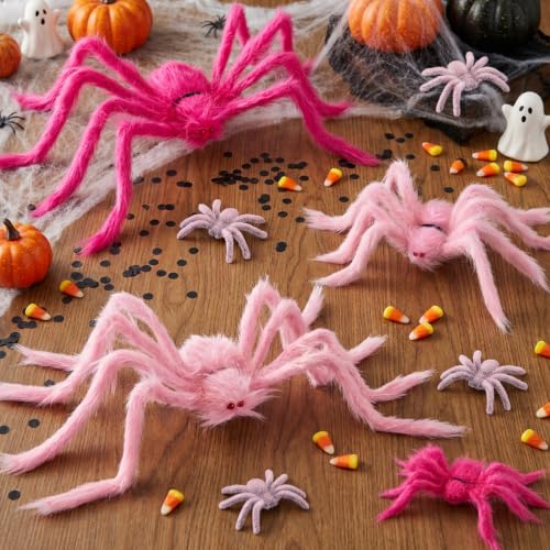 Pink Fuzzy Halloween Spider Decorations Set - Giant & Mini Spiders with Poseable Legs