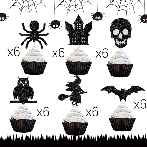 Halloween Cupcake Toppers 36Pcs Spooky Party Decor Bat Skull Ghost Owl
