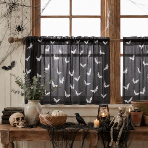Black Sheer Window Valance 52x14 Inches Pack of 2 - Bats Halloween Decor