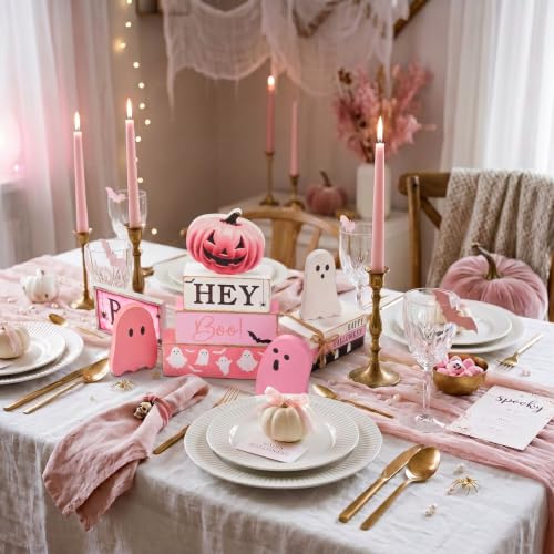 Pink Ghost Halloween Wooden Tiered Tray Decor Set - Spooky Season Centerpiece