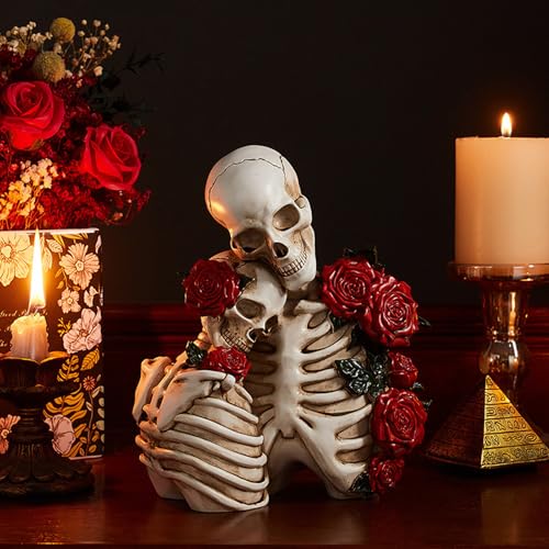 White Snuggling Gothic Skeleton Couple Resin Statue with Roses - Halloween Decor