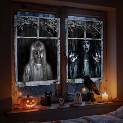 Halloween Window Curtain Cover Set - Scary Bloody Ghost Haunted House Decor