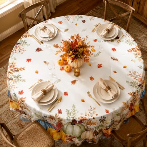 Yellow and Blue Fall Round Tablecloth 60 Inch Autumn Pumpkin & Maple Leaf Decor