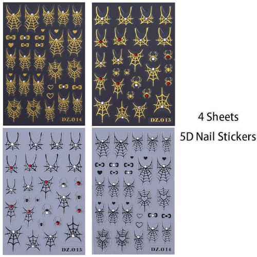 Halloween Nail Stickers 5D Embossed Spider Web Decals - Gold & Black Cobweb Design - Variation of THIS listing