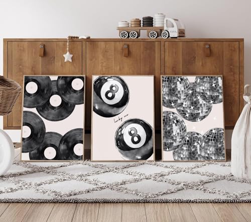 Disco Poster Wall Art Set - Black White Canvas Prints 24x16in - Lucky 8 Ball