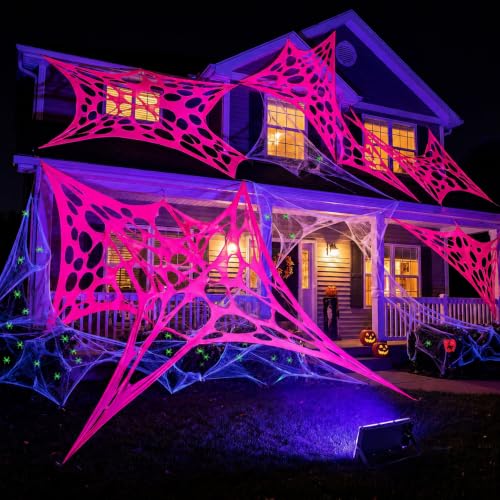 Glow in the Dark Spider Web Decoration with Mini Spiders - Fluorescent Red, 472 x 39 Inches - Halloween Outdoor Decor