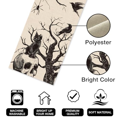Halloween Gothic Skull Black Cat Crows Table Runner 13x36 Inch - Spooky Seasonal Decor
