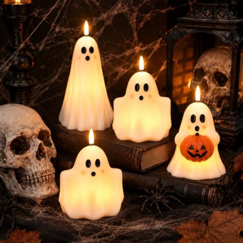 Halloween Ghost and Pumpkin Flameless Candles Set - Spooky LED Decor, 6 Pieces