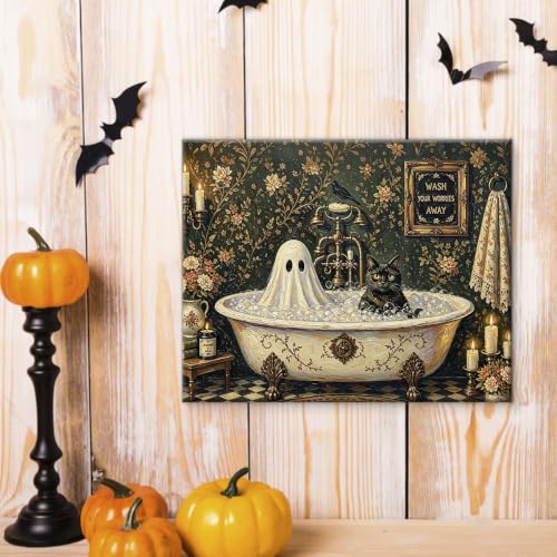 Halloween Wall Art Vintage Ghost and Cat Bathing Canvas - WashWorry Variation