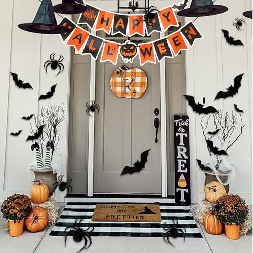 Halloween Decor Set - Mantel Scarf, Spider Table Runner, 3D Bats & Spiders, Happy Halloween Banner - Black 2