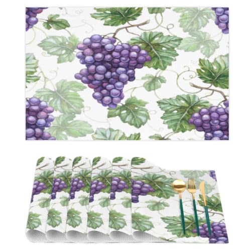 Purple Grape Placemats Set of 6 Heat Resistant Vinyl Table Mats for Kitchen Dining