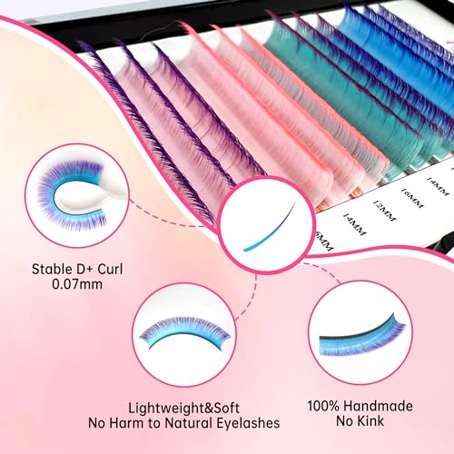 Rainbow Colored Lash Extensions Self Fanning D Curl 0.07mm Thick Mixed Length 12-16mm - Easy Fan Lashes for Eye Makeup