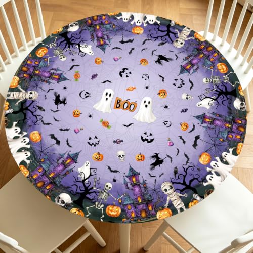 Halloween Round Fitted Tablecloth with Elastic - Purple, 40-44 Inch, Reusable
