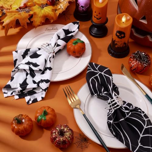 Halloween Cloth Napkins & Skeleton Claw Napkin Rings Set - Spider Web Black & White Variation