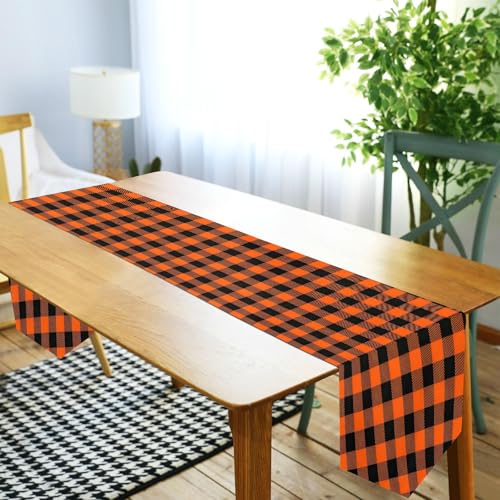 Double-Sided Thanksgiving Halloween Buffalo Plaid Table Runner 18x72 Inches - Black Orange Decor