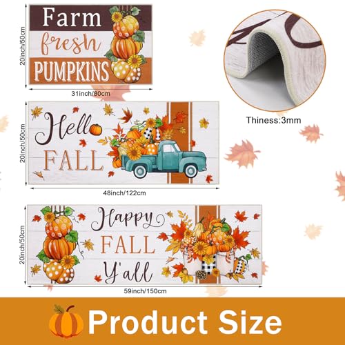Fall Kitchen Rug Set of 3 with Pumpkin & Striped Variations – Washable Non-Slip Rugs for Kitchen & Entryway