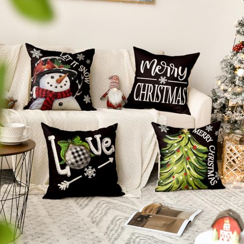 Black 20x20 Inch Christmas Throw Pillow Covers Set of 4 - Snowman Love Holiday Decor