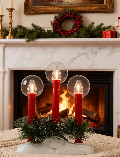 Red Plug-in Electric Window Candles 3-Light Flameless Christmas Candolier - Safe LED Lights