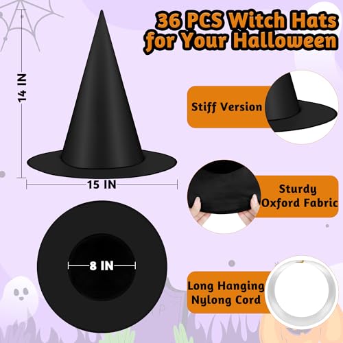 36 Pack Hanging Witches Hats for Halloween Decor - Black Floating Witch Hat with 492 ft Rope - Outdoor Porch Decorations - Variation of 36