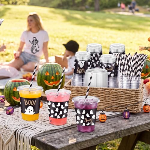 Halloween Ghost Plastic Disposable Cups with Lids & Straws - Black, 50 Sets