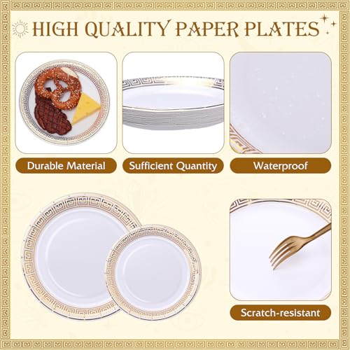 Greek Mythology Party Supplies Set - Gold Theme for 24 Guests, Includes Plates, Napkins, Cutlery, Variations Available