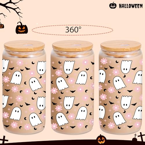 16oz Halloween Ghost & Bat Glass Drinking Bottle with Lid & Straw - Pink & Spooky Decor