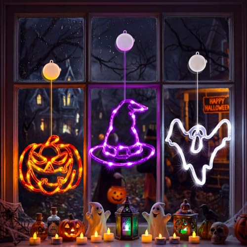 Minetom 3 Pack Halloween Window Lights - Pumpkin Ghost Hat with Timer