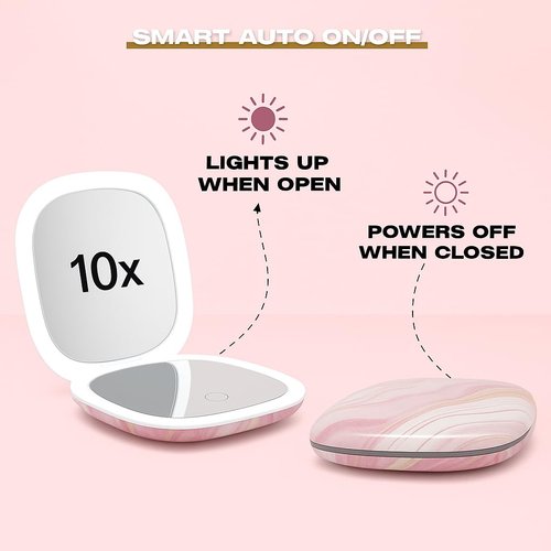 NJ GLAM Lighted Makeup Compact Mirror, 3.9 Inch – 1x/10x Magnification Portable, LED – Auto Light On/Off - USB Charging, (Blush Marble)