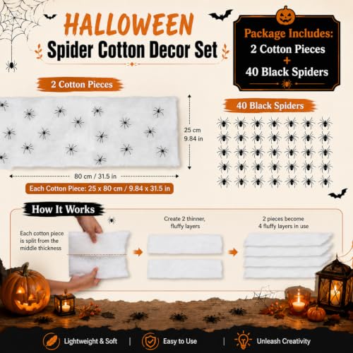Halloween Spider Web Decor Set with 40 Black Spiders - Spooky Indoor Decoration