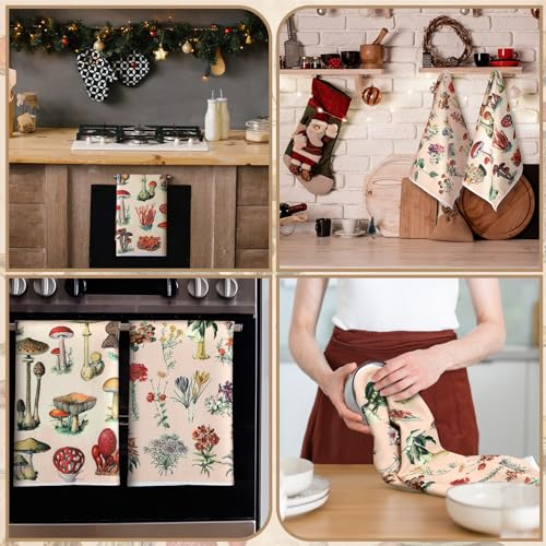 6Pcs Vintage Kitchen Towels with Flower and Mushroom Designs - Absorbent Microfiber Set