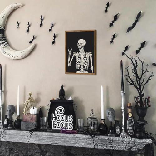 Halloween Skeleton Wall Art Framed Canvas 12x16 Inches Gothic Home Decor - Black Skull Skeleton - Variation B