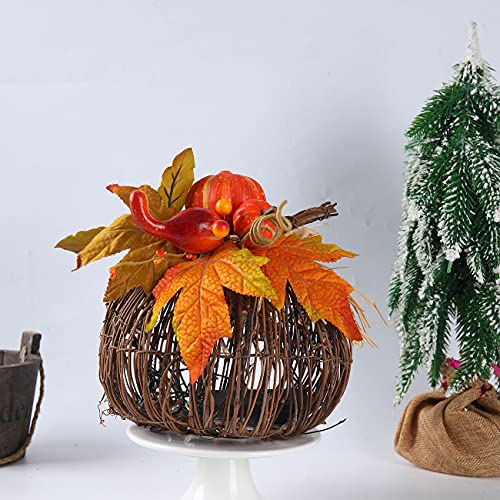 8-Inch Lighted Pumpkin Decor with Maple Leaves and Berries - Fall Table Centerpiece