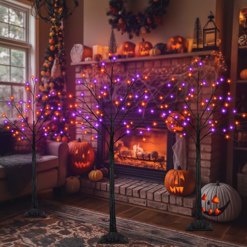 Set of 3 Black Halloween Tree with Orange and Purple LED Lights - 4ft, 5ft, 6ft, Indoor Outdoor Decor with Timer