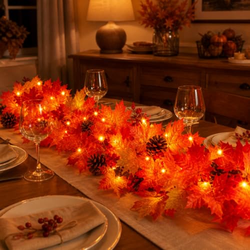 Lush Fall Garland with Pinecones Berries and Lights - 108 Inches, Connectable, UL Certified