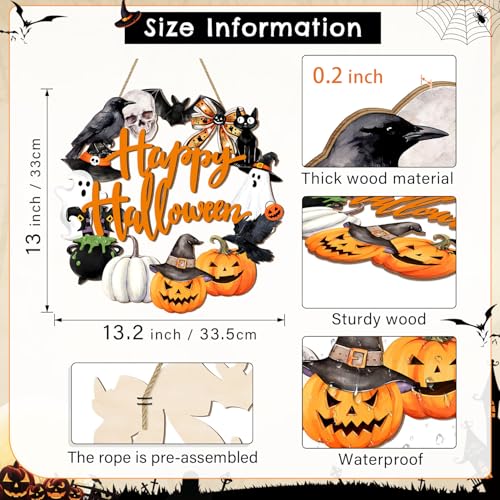 Rustic Halloween Wooden Wreath Sign with Ghost, Cat, Pumpkin & Skull - Front Door Decor