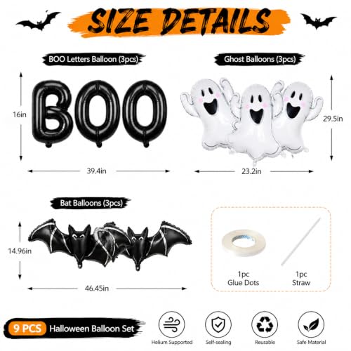 Halloween Ghost and Bat Foil Balloon Set - Black and White Party Decorations