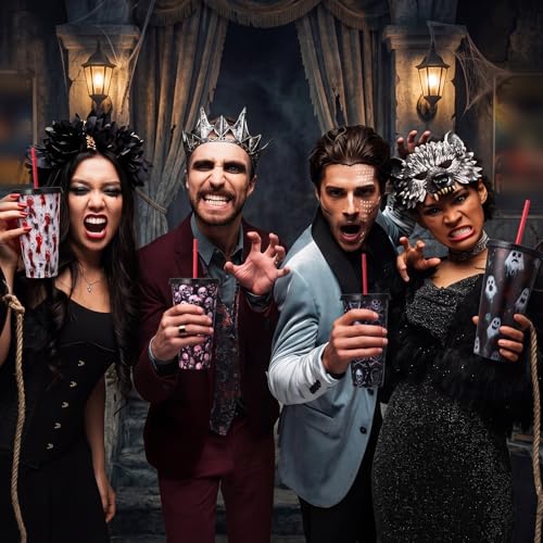 24 Pack Halloween Horror Plastic Cups with Lids & Straws - 24 oz Reusable Party Drinkware