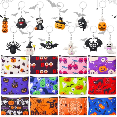 Halloween Cosmetic Bags & Keychains Set - Pumpkin Ghost Bat Zombie Design