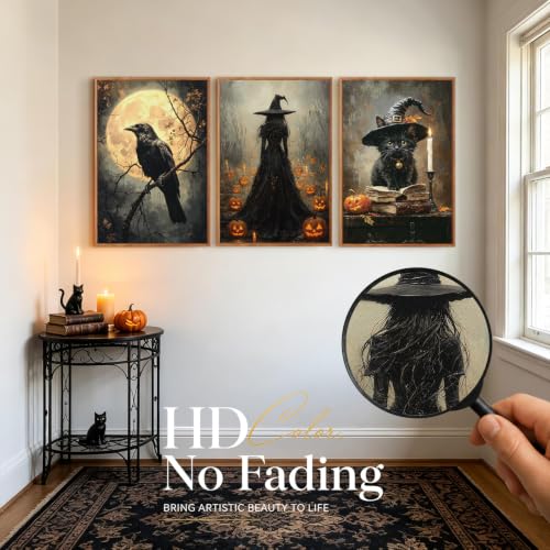 Halloween Wall Art Set - Dark Witch & Black Cat Gothic Prints 24x36 Inches - Variation of Dark Halloween