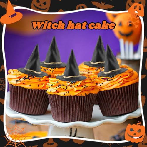 Halloween Witch Hat & Silver Crown Cake Topper Set - 12 Black Wizard Hats + 12 Silver Crowns