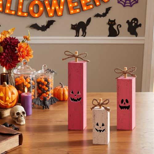 Pink Halloween Wooden Standing Block Decor - Jack-O'-Lantern Face - Pink Halloween Variation