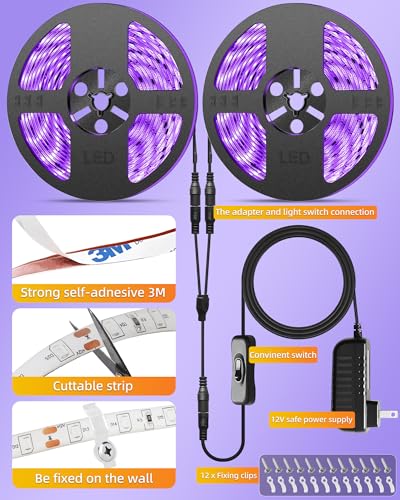 IP65 Waterproof Black Light Strip 40FT UV LED for Glow Parties Halloween Outdoor Indoor