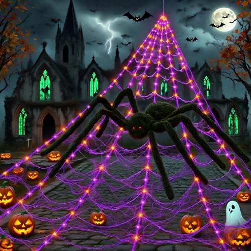 Halloween Spider Web Lights with 250 LEDs & Remote Control - Waterproof Cobweb Decor for Yard Garden Indoor Outdoor