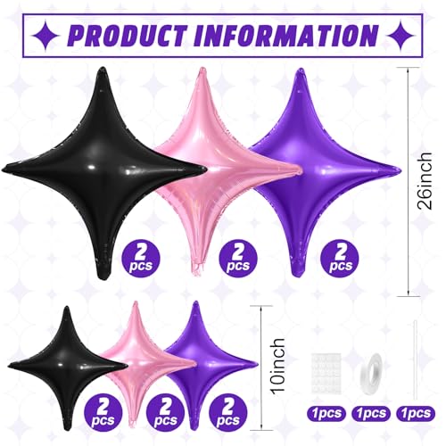 Black Purple Pink Star Balloons Set - 12 Pcs Foil Party Decorations with Variations
