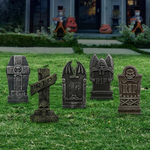Gray Halloween Foam Graveyard Tombstones 5 Pack with Metal Stakes - Scary Yard Decor