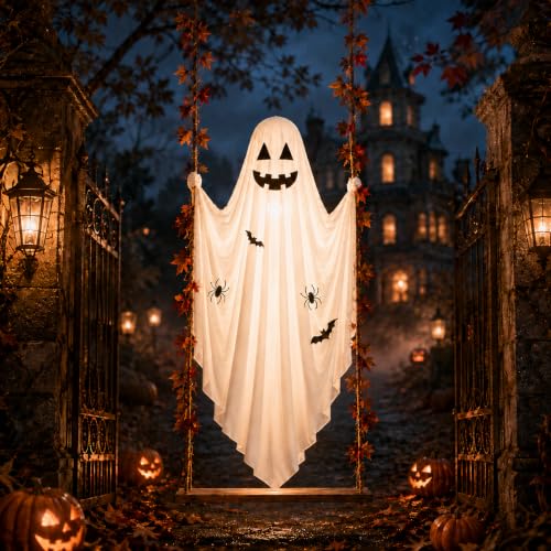 White 5 FT Hanging Ghost Swing Halloween Decoration with Lights & DIY Face Stickers